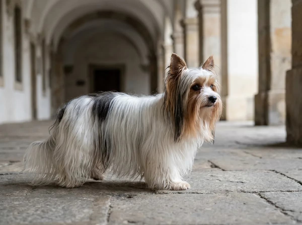 Biewer Terrier showing a long flowing coat on a stone courtyard path