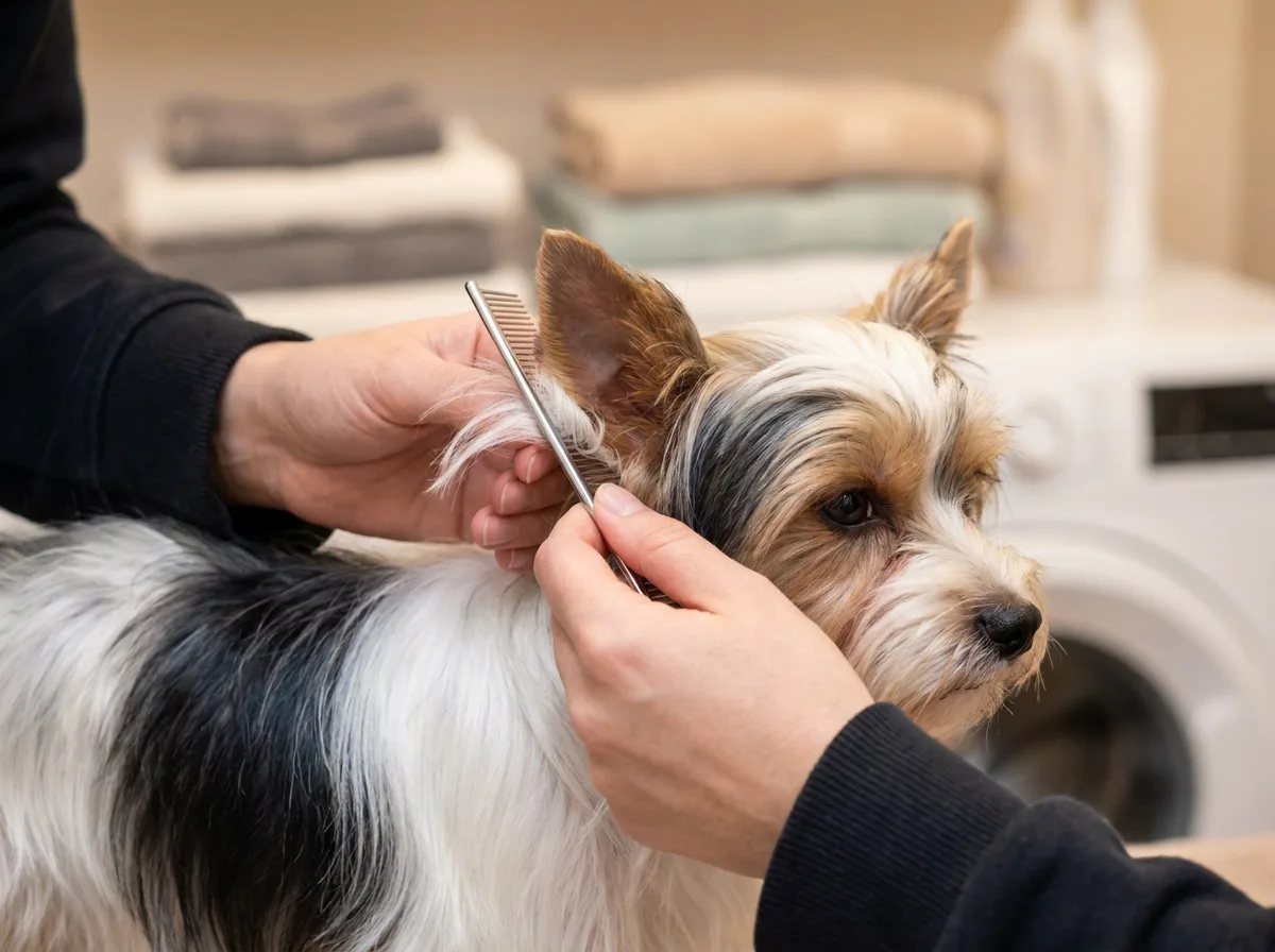 Caregiver gently working a metal comb through hair beside a Biewer Terrier’s ear
