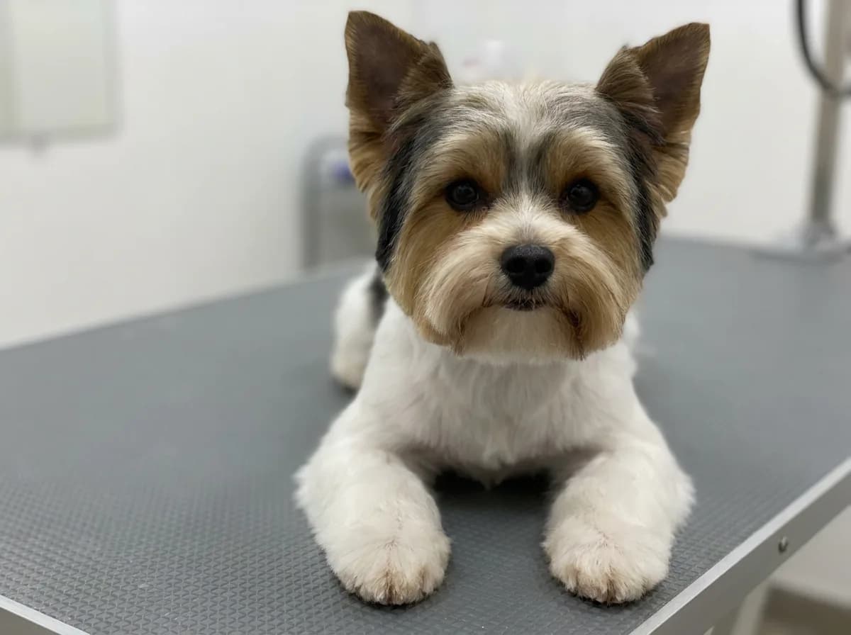Close view of a Biewer Terrier with neatly trimmed paw hair on a grooming mat