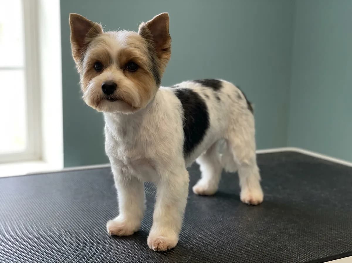 Biewer Terrier with a short body trim standing on a grooming mat