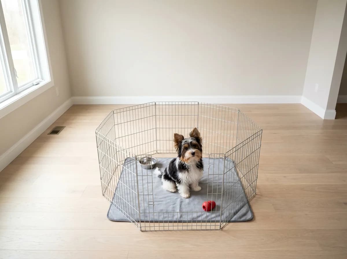 Biewer Terrier puppy in a pen with a resting mat, water bowl and rubber toy on clear open floor