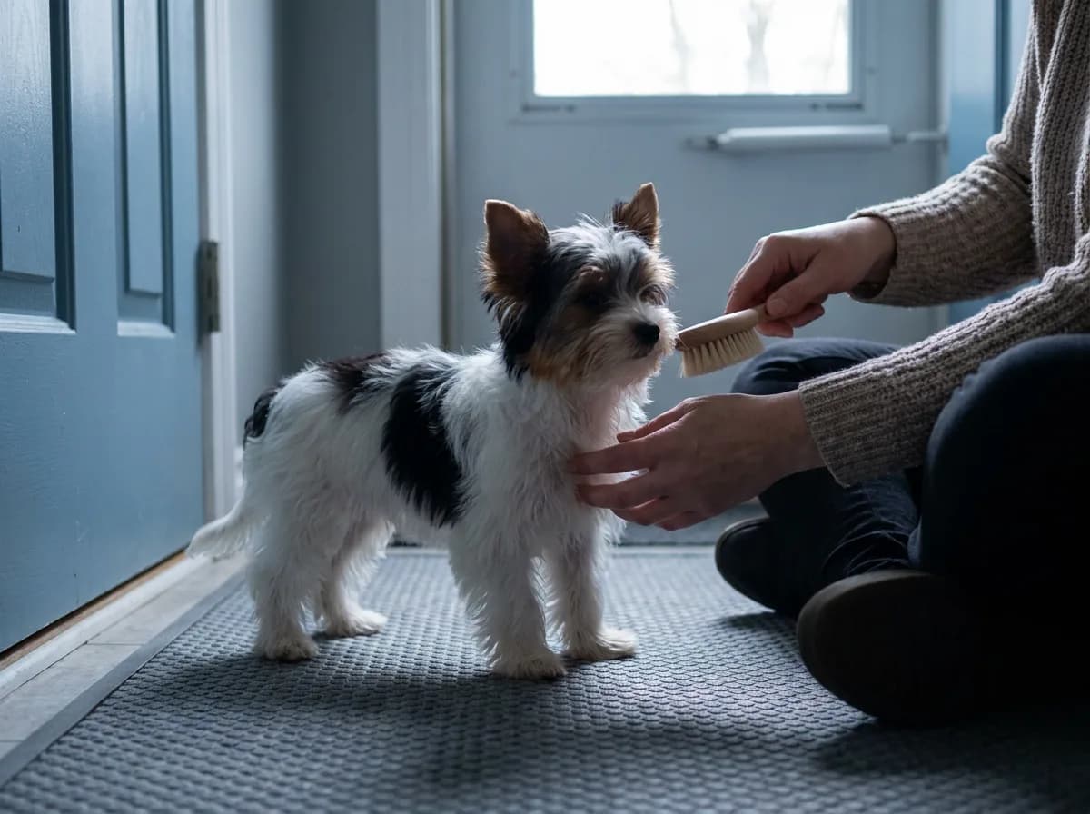 Caregiver introducing a soft brush to a Biewer Terrier puppy on a nonslip hallway mat