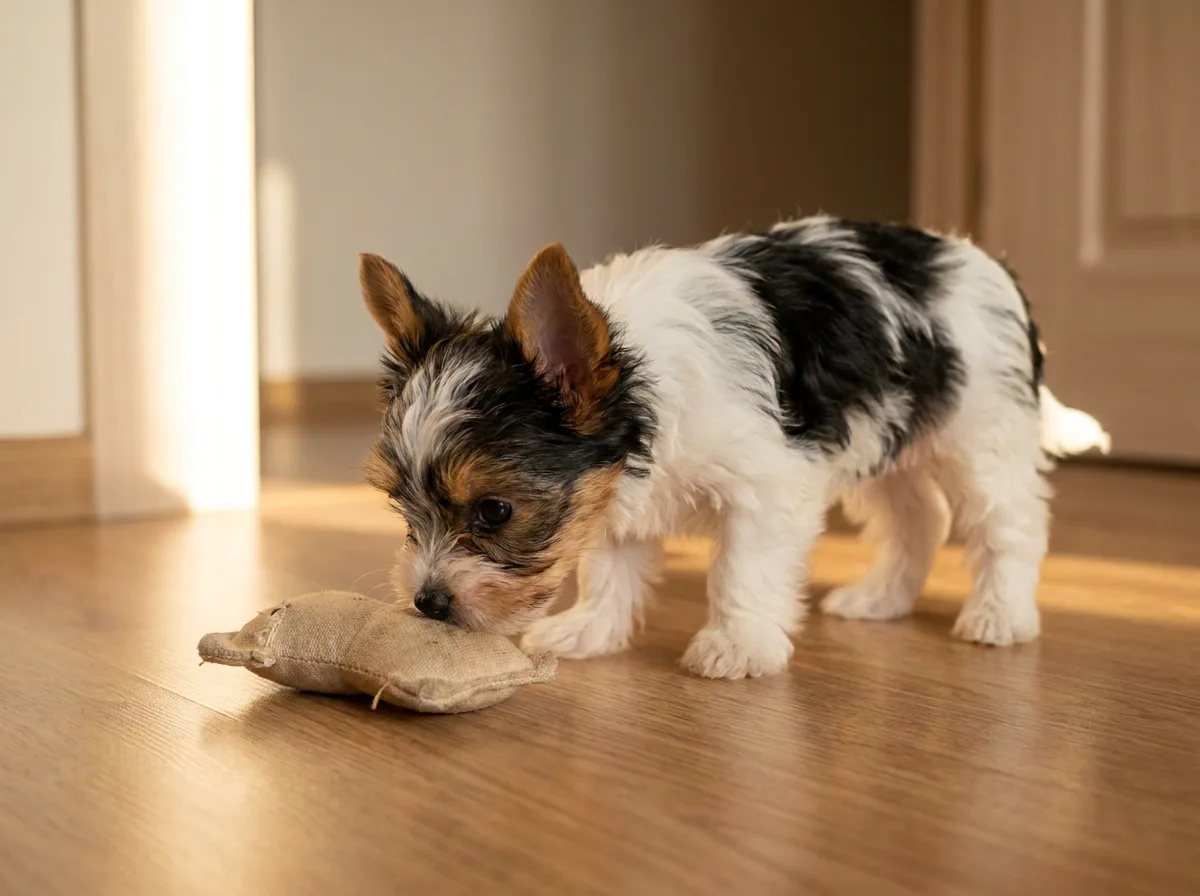 A Biewer Terrier puppy sniffing a cloth toy on a wooden floor