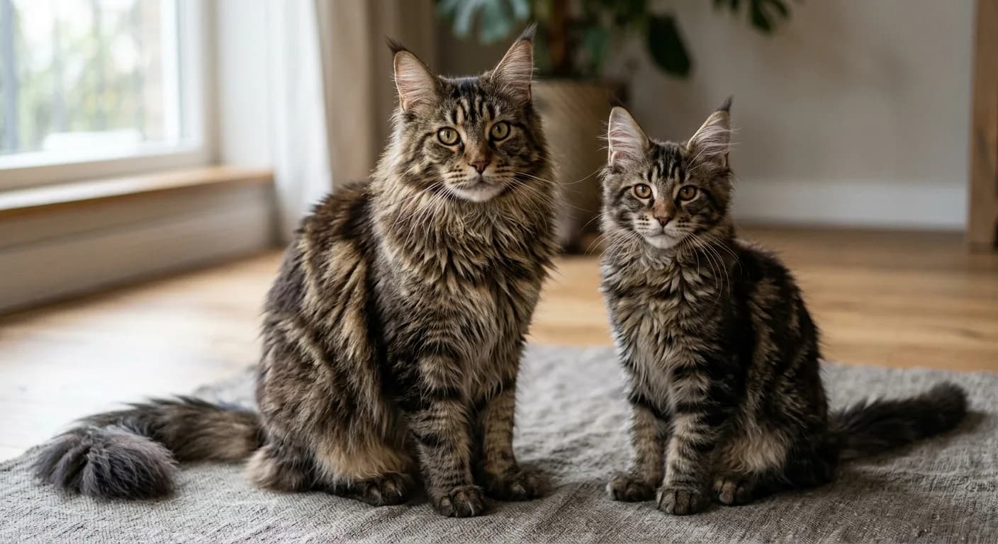 A Maine Coon kitten at roughly 6 months sitting next to a full-grown adult Maine Coon, showing the dramatic size difference, both brown tabbies, natural light on a neutral background