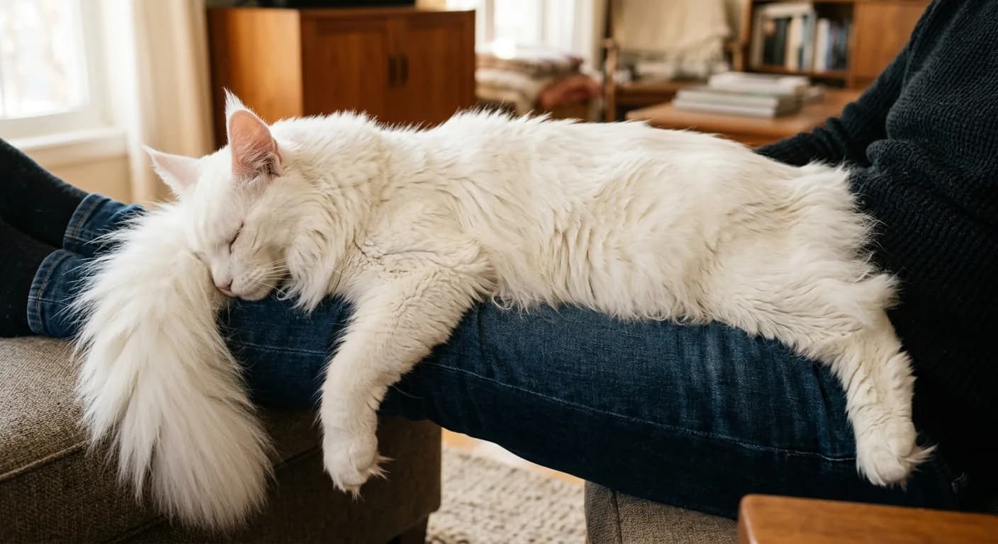 A large fluffy white Maine Coon cat with amber eyes resting across a person's lap, the cat's body extending from their knees to their waist, showing the dramatic size, warm indoor light