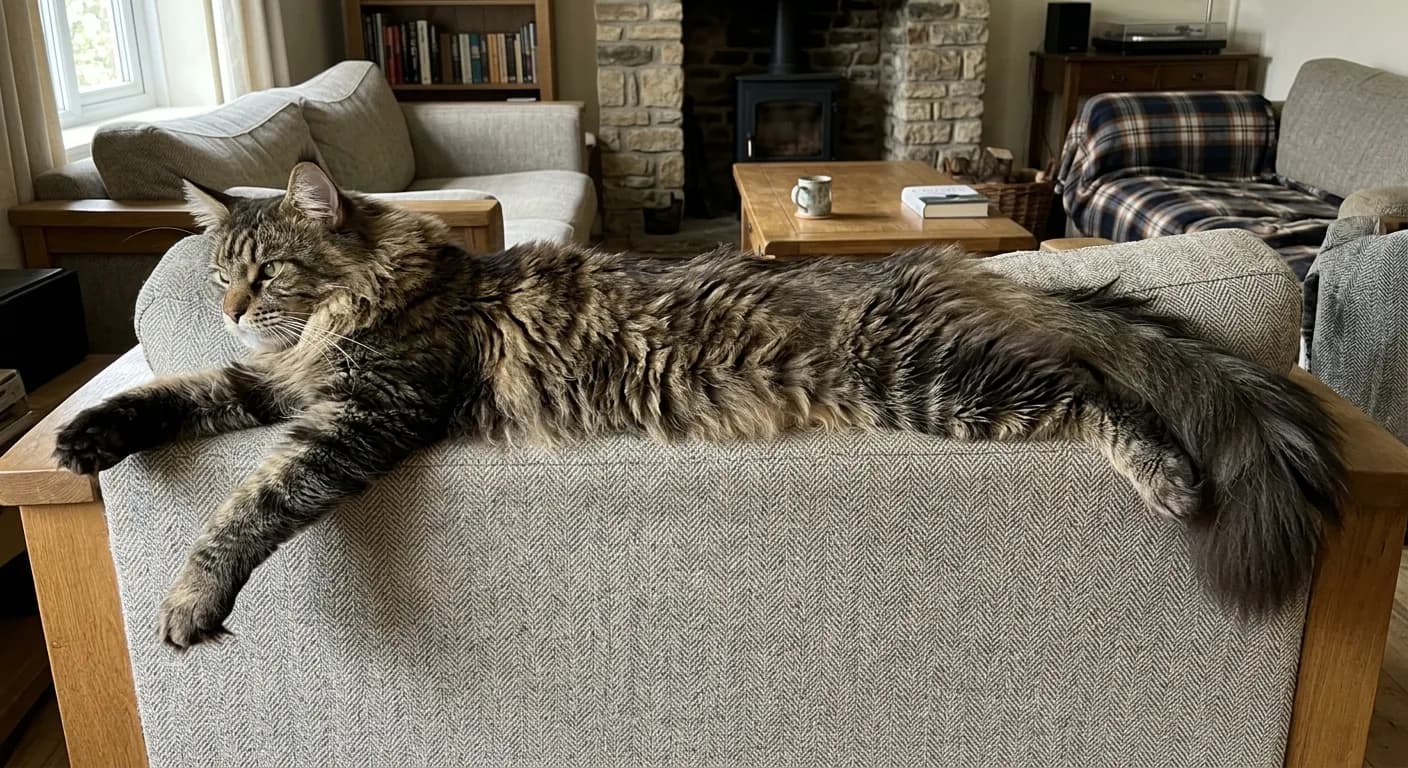 A very large brown tabby Maine Coon stretched out along the full length of a sofa, its body spanning the cushions from armrest to armrest, showing the extreme body length the breed is known for