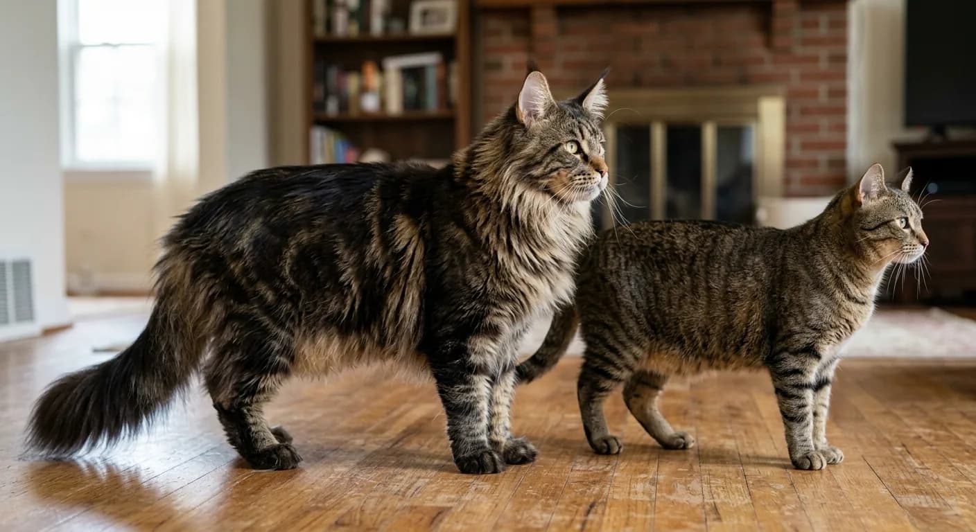 A Maine Coon standing next to a domestic shorthair cat of average size, both photographed from the same distance, clearly showing the size difference between breeds, both cats facing the same direction on a neutral floor