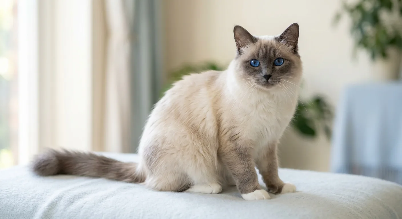 A blue-point Birman with soft slate-gray ears and face markings, a pale bluish-ivory body, distinctive white gloves on all four feet, and deep blue eyes