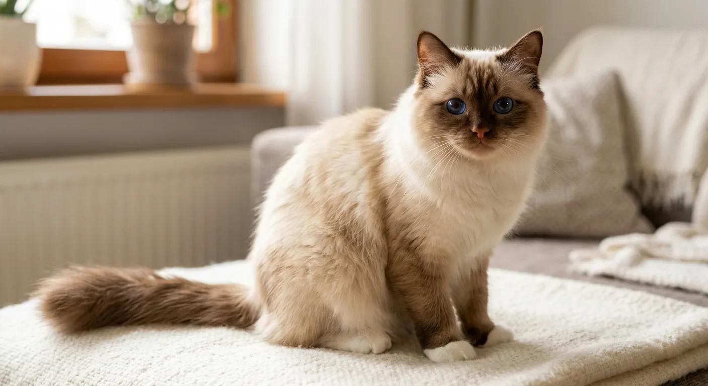 A chocolate-point Birman showing warm milk-chocolate-brown ears and face mask contrasting with a clear ivory body, white gloves visible on each paw, sapphire-blue eyes