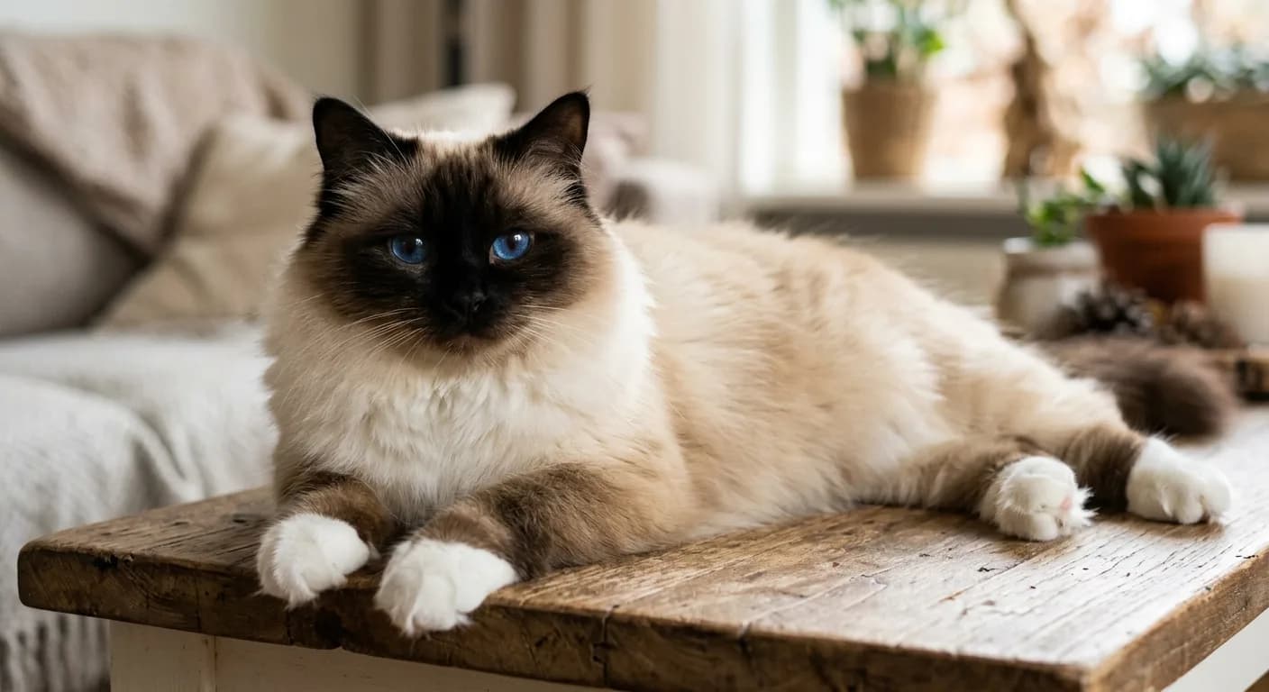 A seal-point Birman showing the classic contrast between dark seal-brown face mask and ears and the pale golden-cream body, with white-gloved front paws resting forward