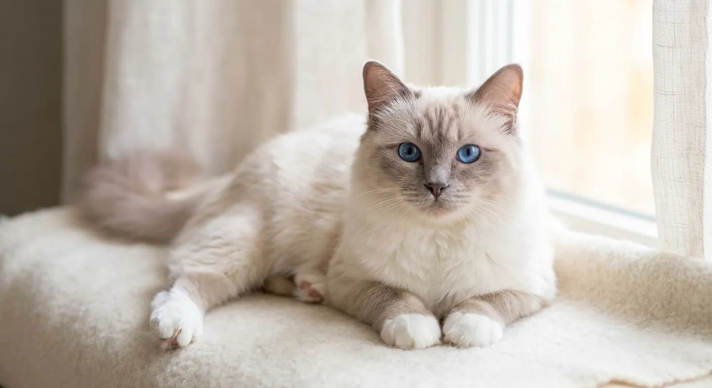 A lilac-point Birman with very pale pinkish-gray point markings on the ears and face, an almost-white silky body, crisp white gloves, and vivid sapphire eyes