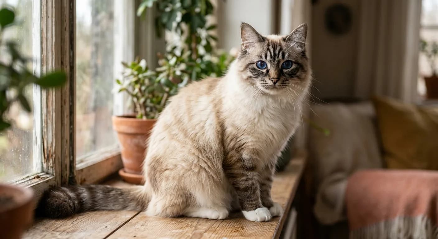 A seal-lynx-point Birman with clearly visible dark tabby stripes on the ears, forehead M marking, ringed tail, pale body, and signature white gloves on all four paws, blue eyes