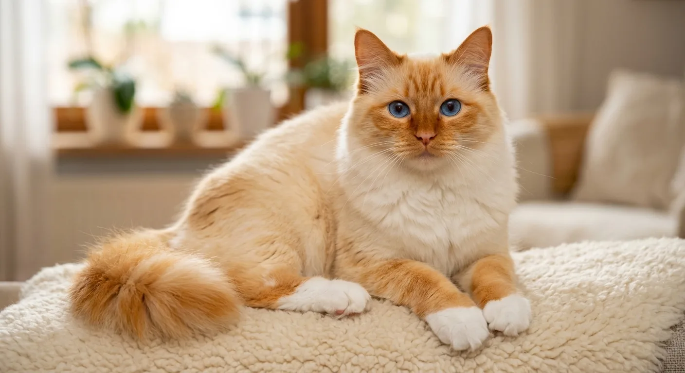 A red flame-point Birman with vivid orange-red ear tips and facial mask, creamy white body, white gloves on every paw, and blue eyes