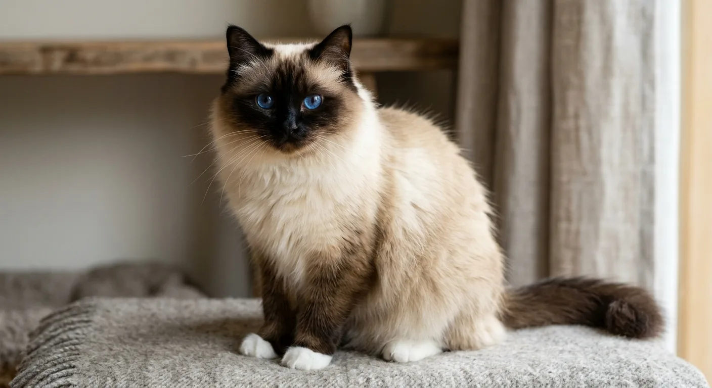 A seal-point Birman with very dark brown-black ear tips and face mask, warm golden-cream body, and bright white gloves on all four paws, deep blue eyes looking forward