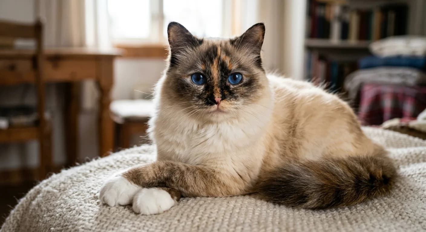 A seal-tortie-point Birman showing mottled dark brown and warm red patches on the face and ears, a pale creamy body, bright white gloves, and deep blue eyes