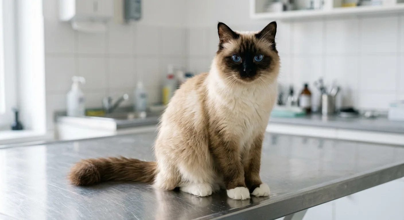 Seal-point Birman cat with sapphire-blue eyes and white front paws sitting calmly on a stainless steel veterinary examination table