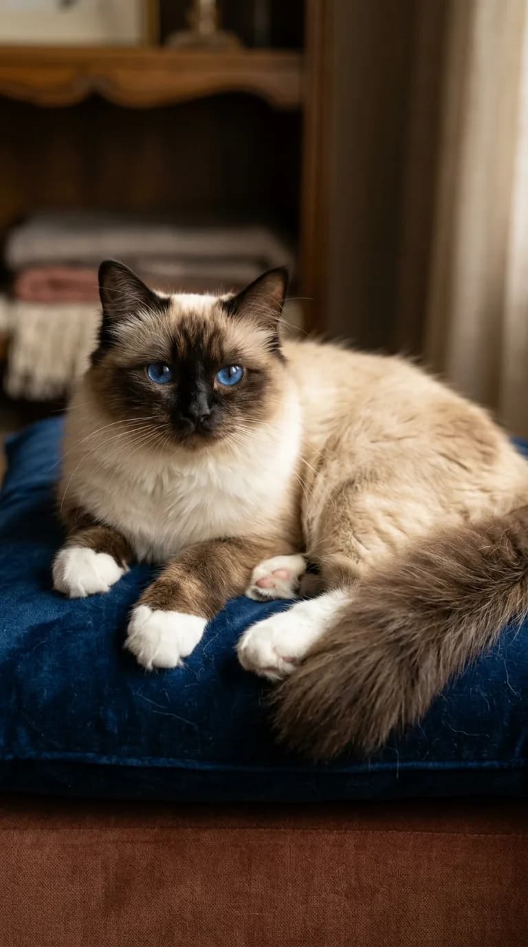 Seal-point Birman cat with four white-gloved paws and sapphire-blue eyes resting on a navy velvet cushion