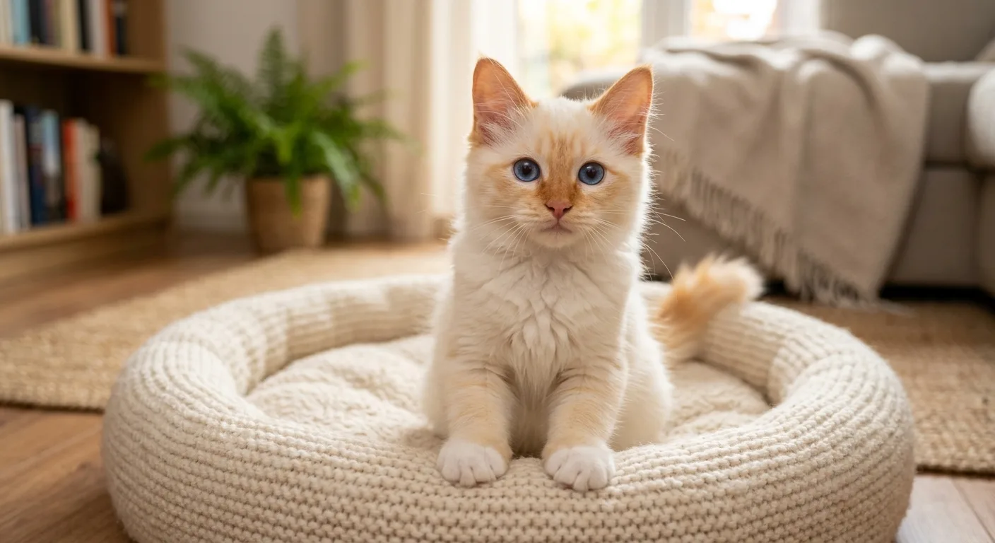 Flame-point Birman kitten with sapphire-blue eyes and white-gloved front paws sitting alert in a round knit cat bed