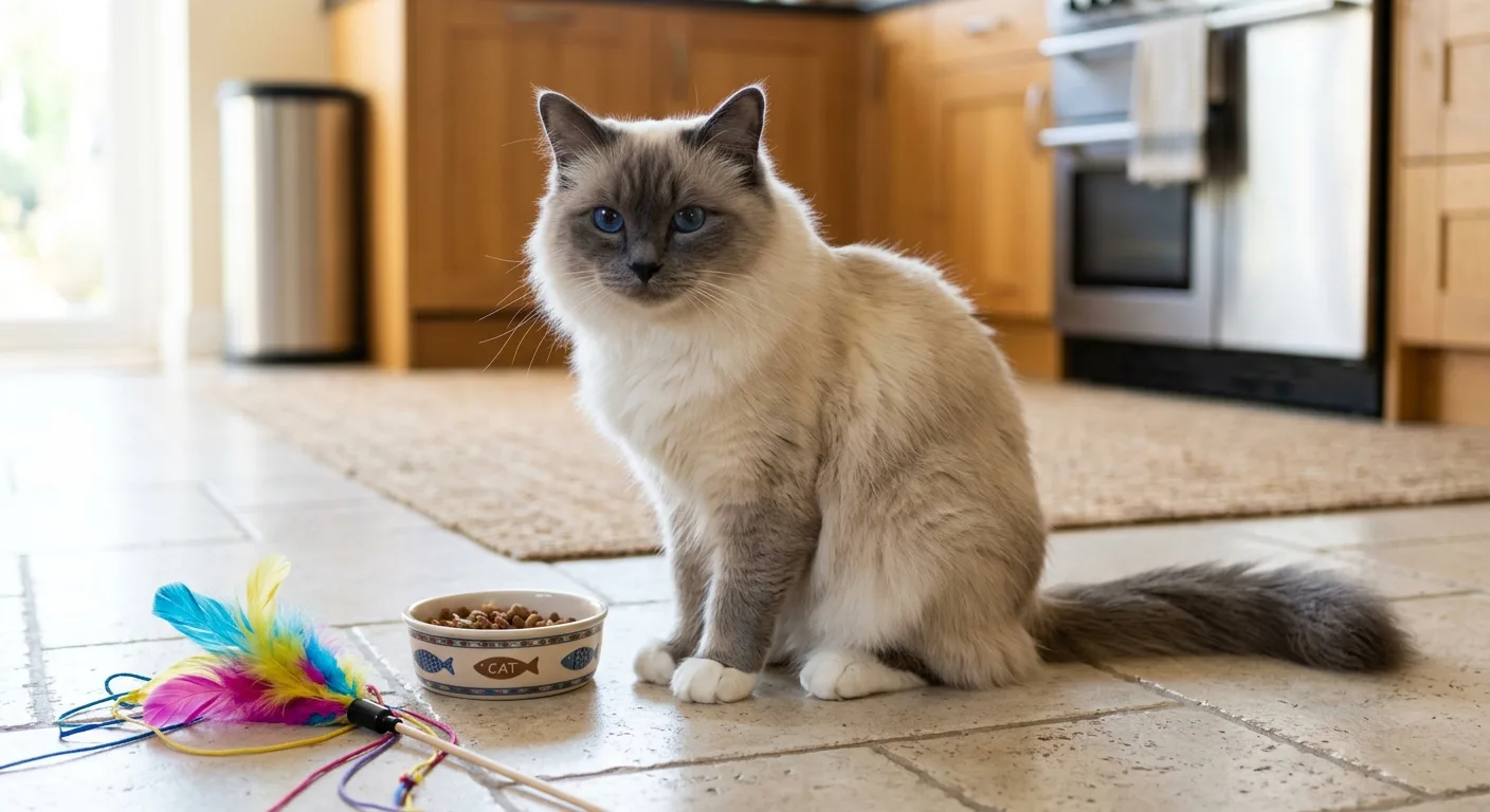 Blue-point Birman cat with sapphire-blue eyes and white front paws sitting beside a ceramic food bowl and feather toy on a kitchen floor