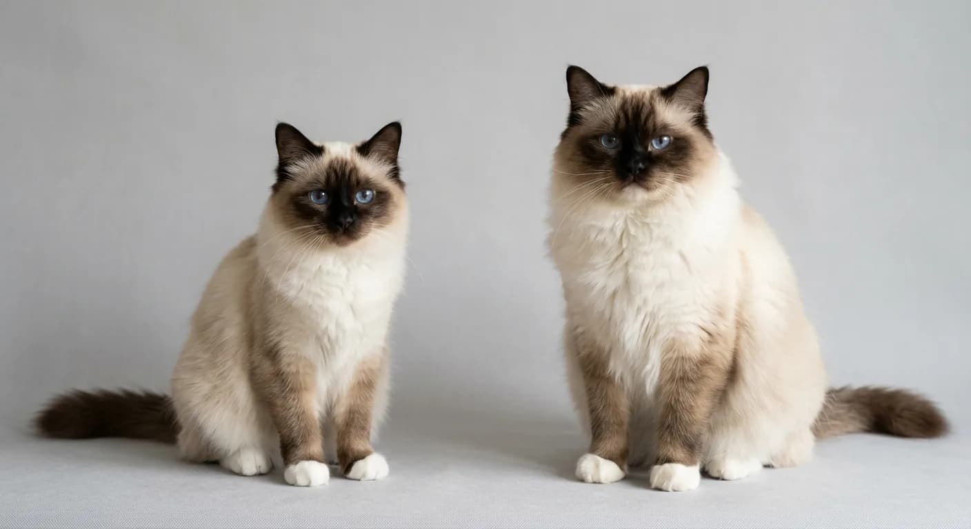 A medium-sized Birman cat (left) with crisp white gloves on all four paws sitting beside a noticeably larger Ragdoll cat (right) whose cream-colored paws have no white gloves, showing the key size and marking differences between the two breeds