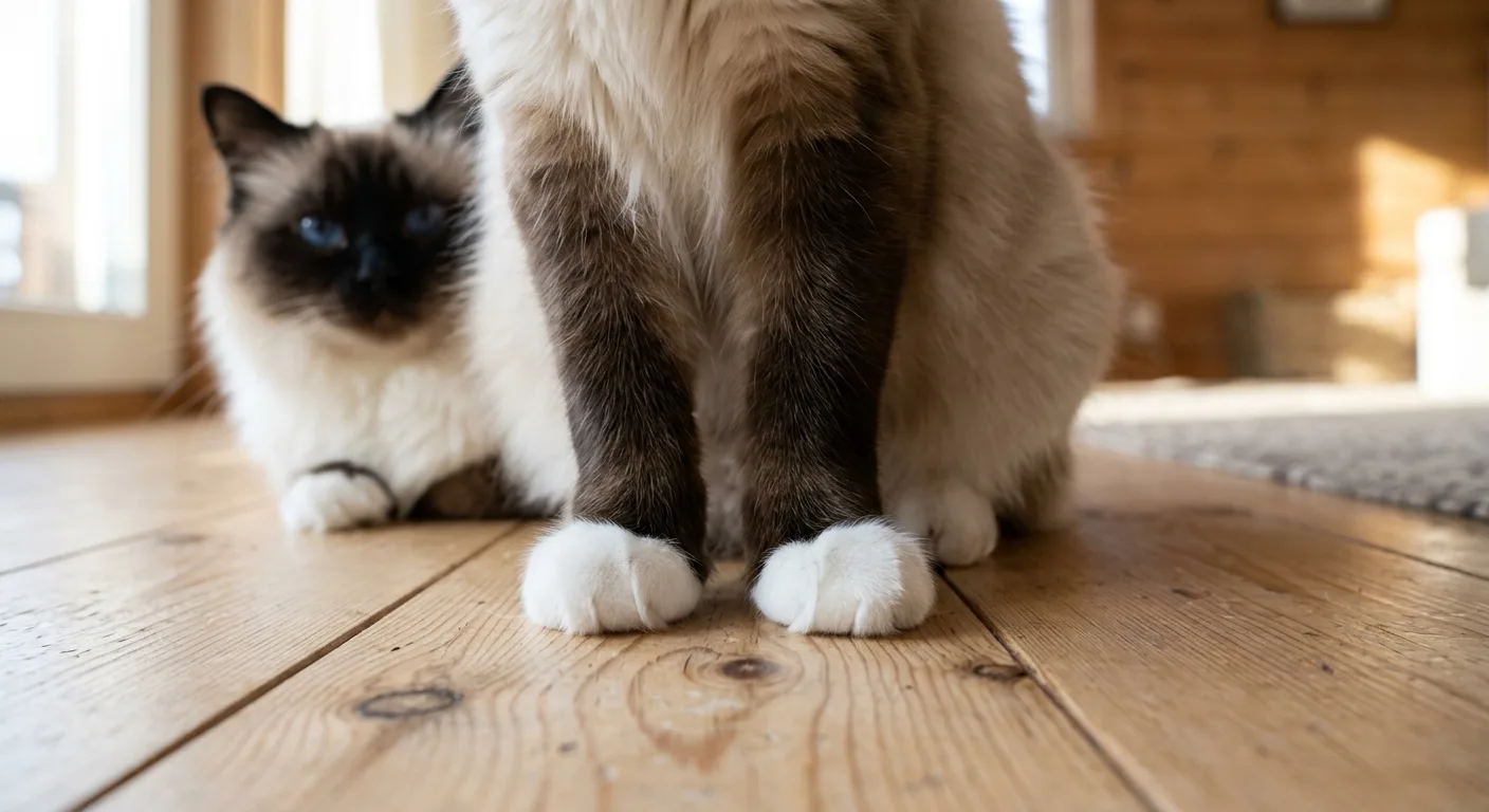 Close-up low-angle shot of a Birman cat with white-gloved front paws prominent on a wood floor, the crisp white gloves contrasting against the darker seal-point leg fur above, with the cat's blue eyes and colorpoint face visible above