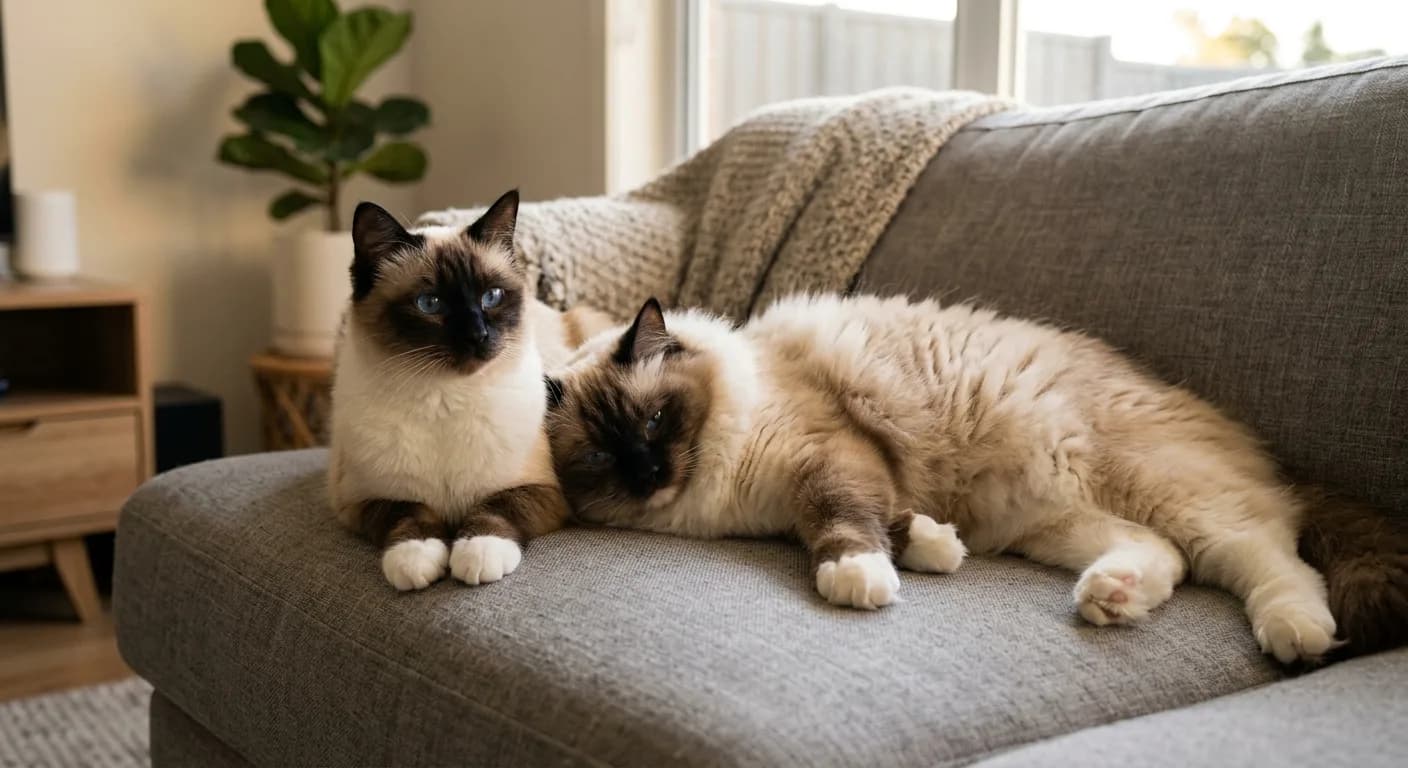 A compact Birman cat sitting upright with bright white-gloved paws beside a noticeably larger Ragdoll cat sprawled loosely on a sofa, the Ragdoll's cream-colored paws showing no white gloves