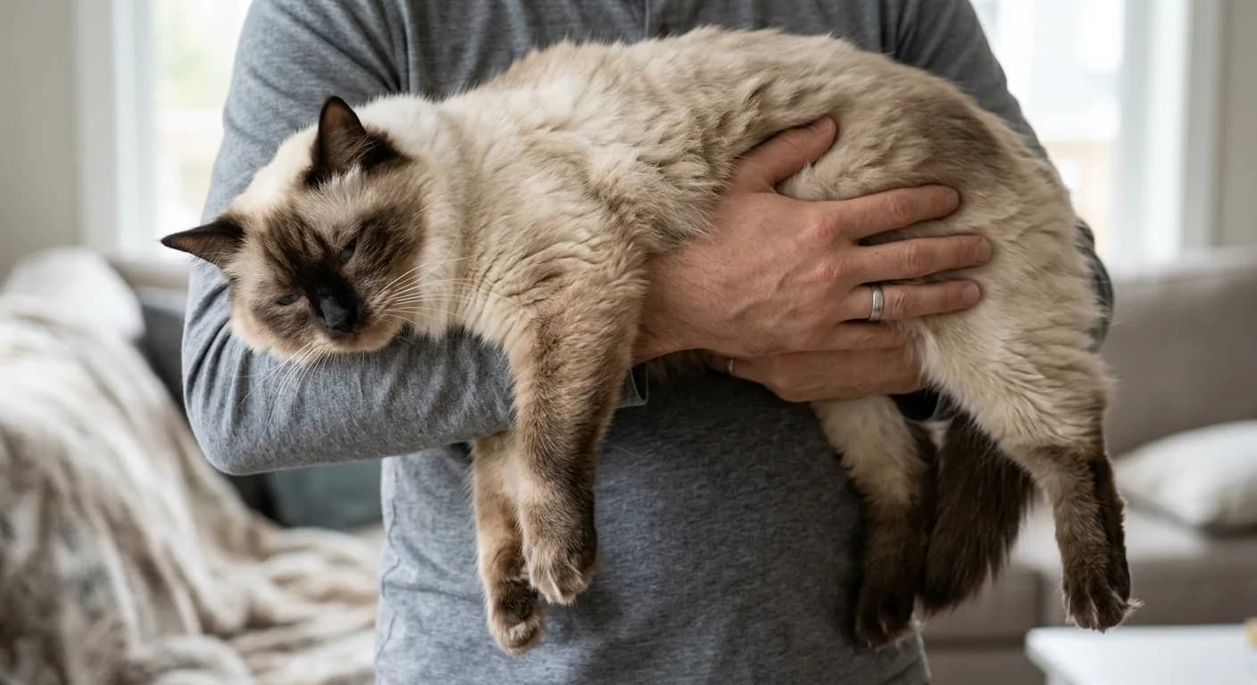 A large Ragdoll cat lying completely limp across a person's forearms with its body fully relaxed, drooping head, and dangling legs illustrating the breed's famous floppy temperament; the paws are cream-colored with no white gloves