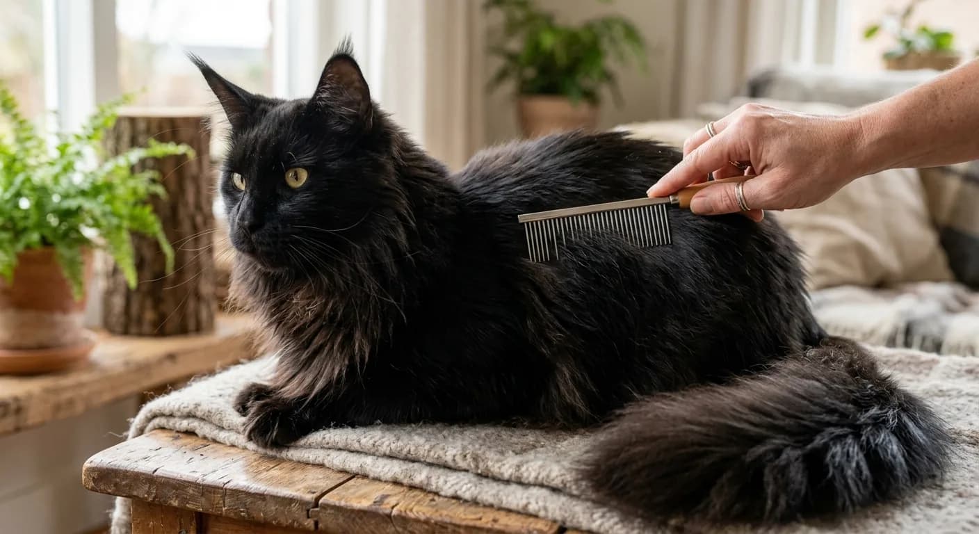 A long black Maine Coon coat being brushed with a wide-tooth metal comb, showing the dense semi-long fur being gently combed through, hand visible but no human face
