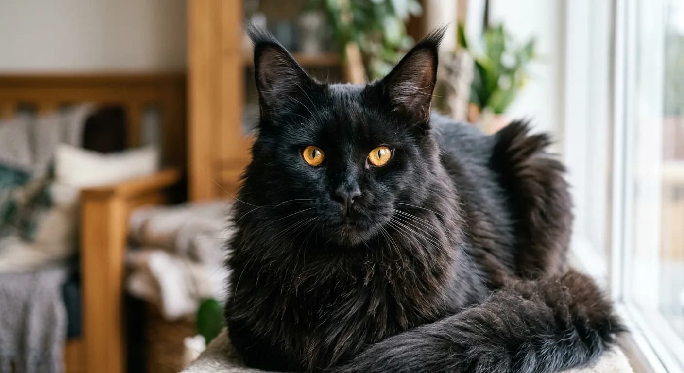 Close-up portrait of a black Maine Coon cat with vivid gold and copper eyes, wide-set oval eyes richly colored against the dark black facial fur and prominent whisker pads