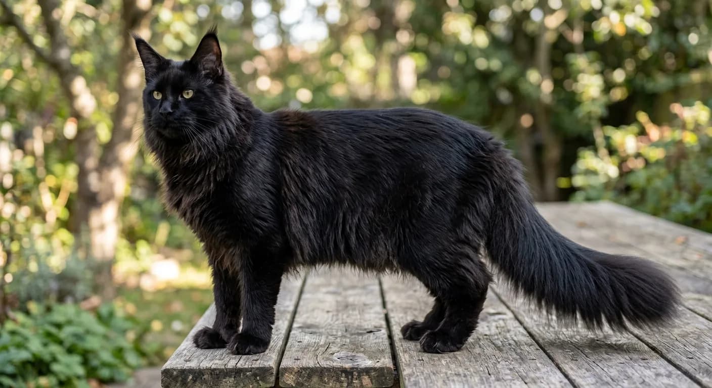 A full-grown male black Maine Coon standing on a wooden surface, showing the impressive full size, long rectangular body, heavily plumed tail, and large tufted paws characteristic of the breed