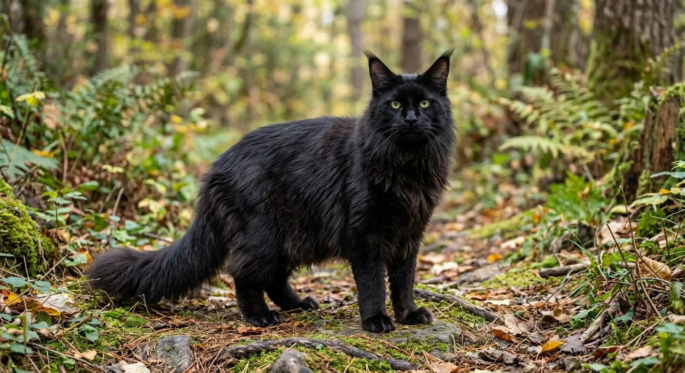 Full-body solid black Maine Coon adult facing the camera outdoors, showing prominent lynx-tipped ear tufts and thick neck ruff against a natural background