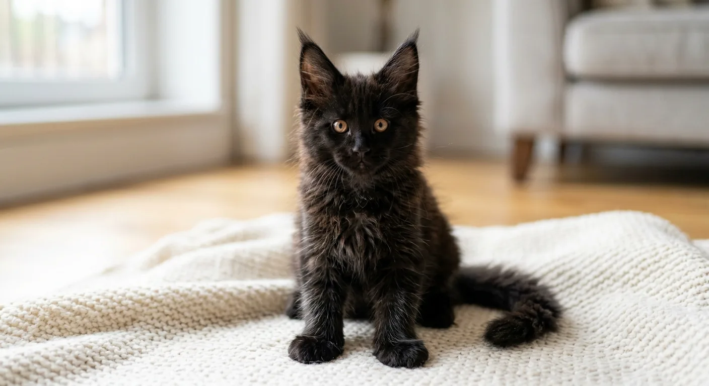 Black Maine Coon kitten at 8 to 12 weeks old sitting on a light-colored blanket, showing fluffy developing coat with slightly brownish tinge, large ears, and notably large paws relative to body size