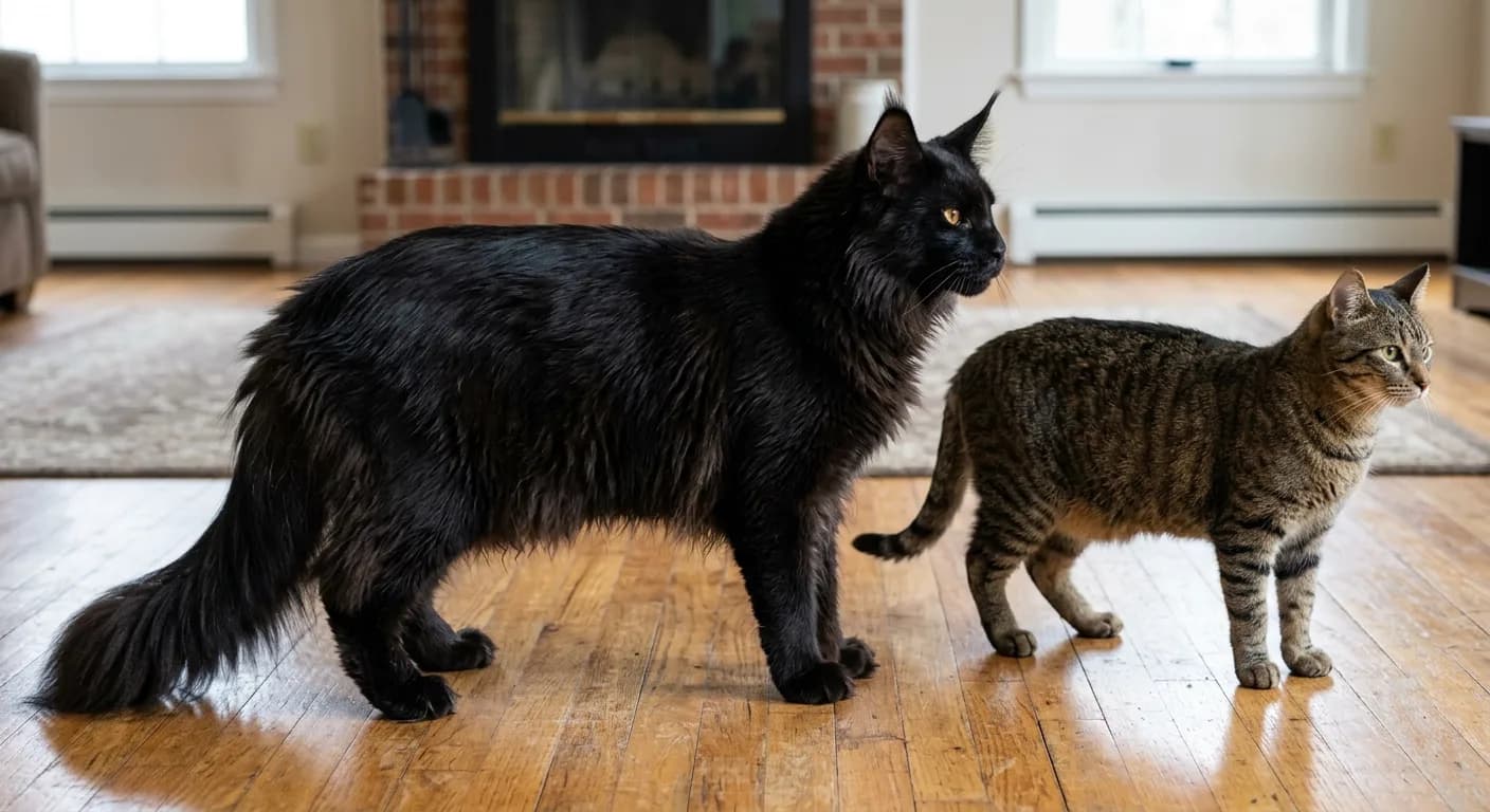 A full-grown black Maine Coon standing beside an average-sized domestic shorthair cat on a hardwood floor, demonstrating the significant size difference in body length and overall mass