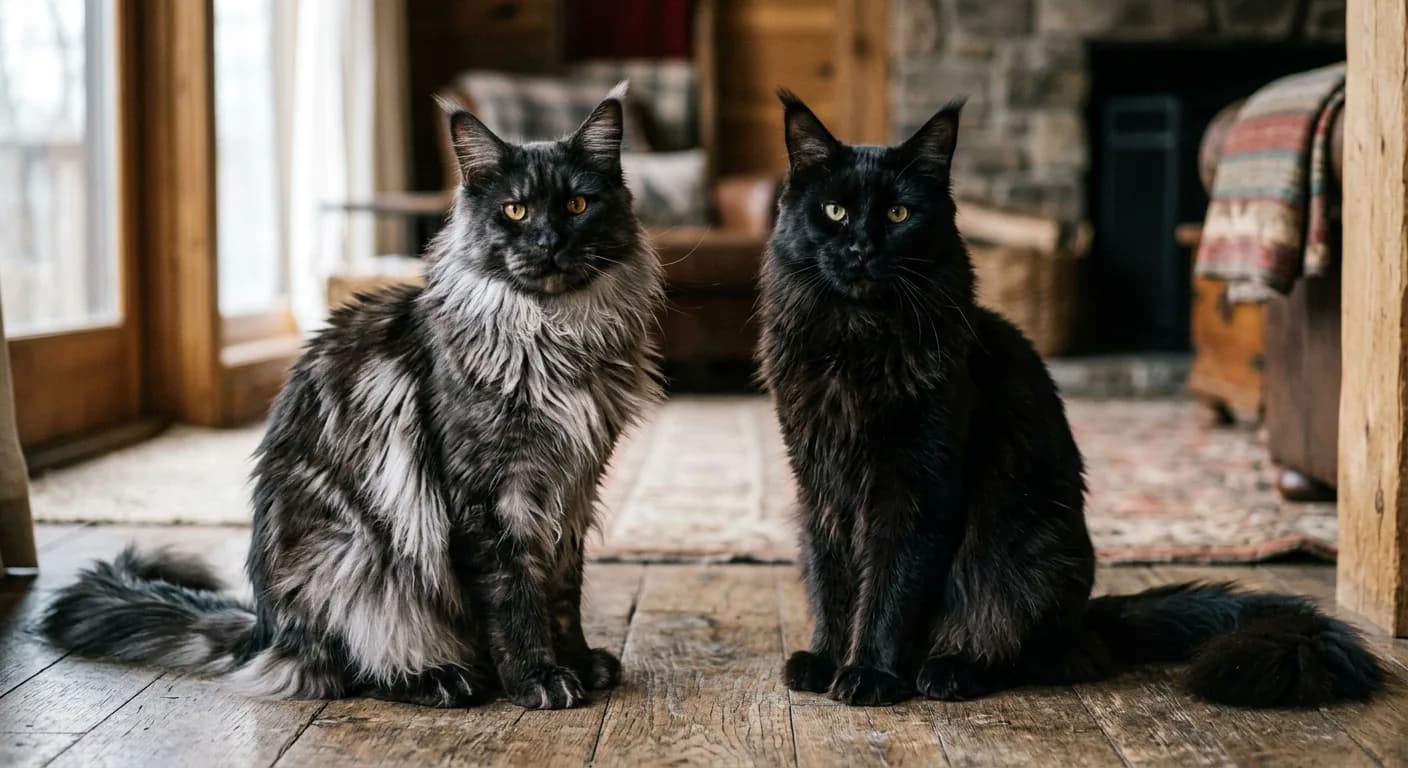 A black smoke Maine Coon sitting beside a solid black Maine Coon of similar size, the smoke cat's coat parted to reveal the contrasting silver undercoat, photographed in natural light