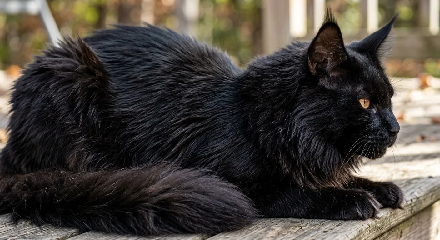 Close-up of solid jet-black Maine Coon fur showing completely uniform color from root to tip, no lighter banding or ghost striping visible