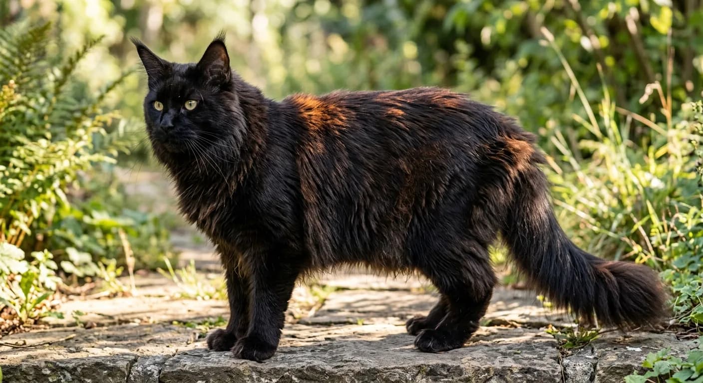 A black Maine Coon cat in natural sunlight with the tips of the fur showing a warm reddish-brown or rusty tint from UV exposure, the base of the coat remaining dark black