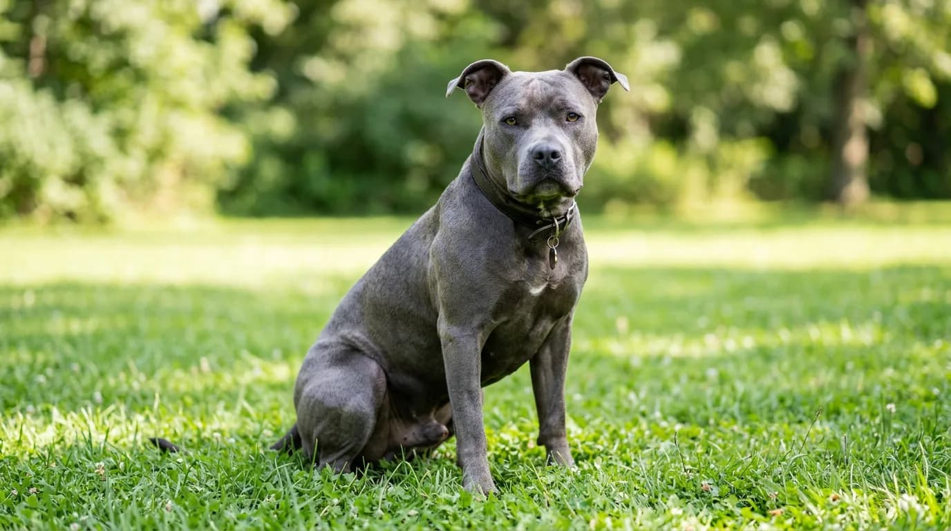A muscular gray-coated blue nose pitbull with a slate-gray nose sitting on grass in bright natural light, head turned toward the camera