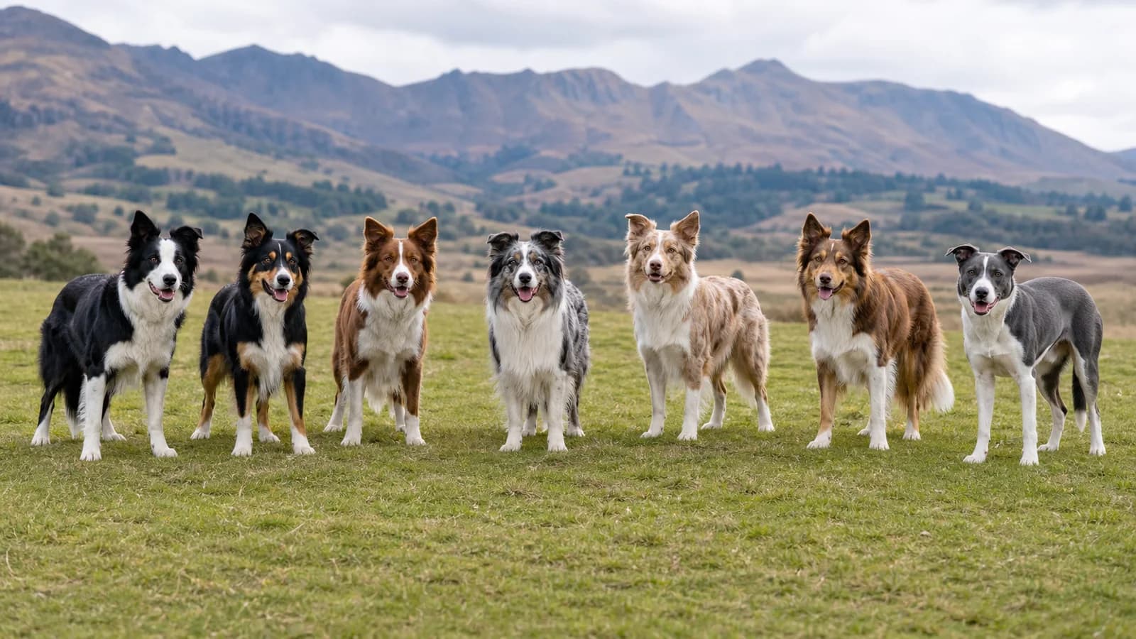 Seven adult Border Collies with different representative colors and patterns standing outdoors