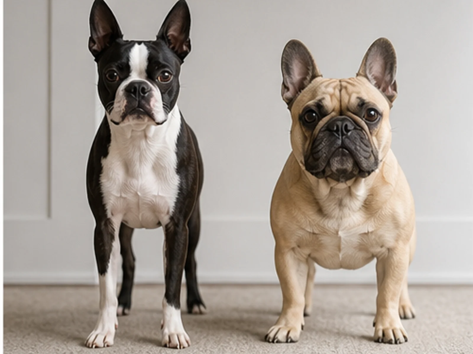adult Boston Terrier and French Bulldog standing side by side at the same distance