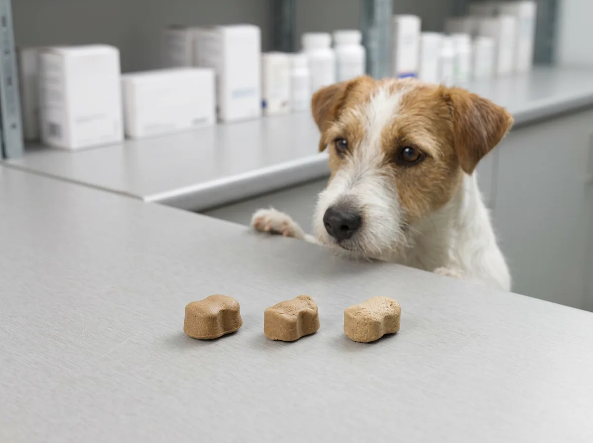 A wire-haired terrier peeks over a stainless clinic counter beside three brown bone-shaped chewable tablets lined up in a row.
