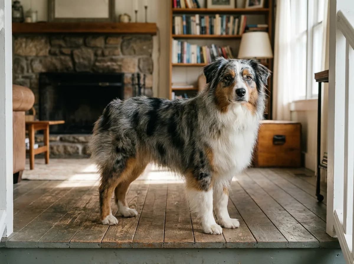 Blue merle Australian Shepherd standing on a wooden floor in a living room.