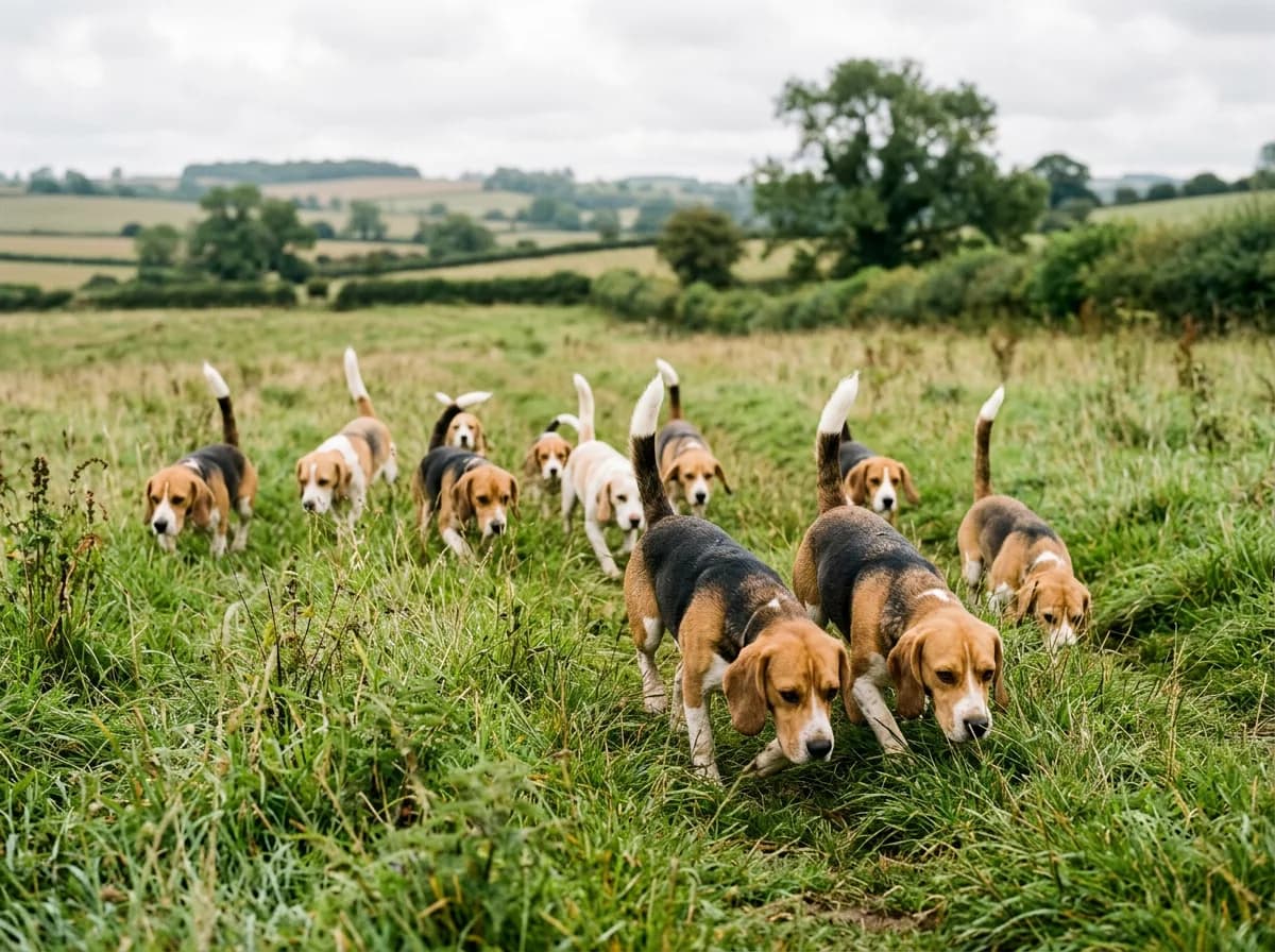 A pack of adult beagles working a grassy English field with noses to the ground, tails up, following a scent trail on an overcast morning
