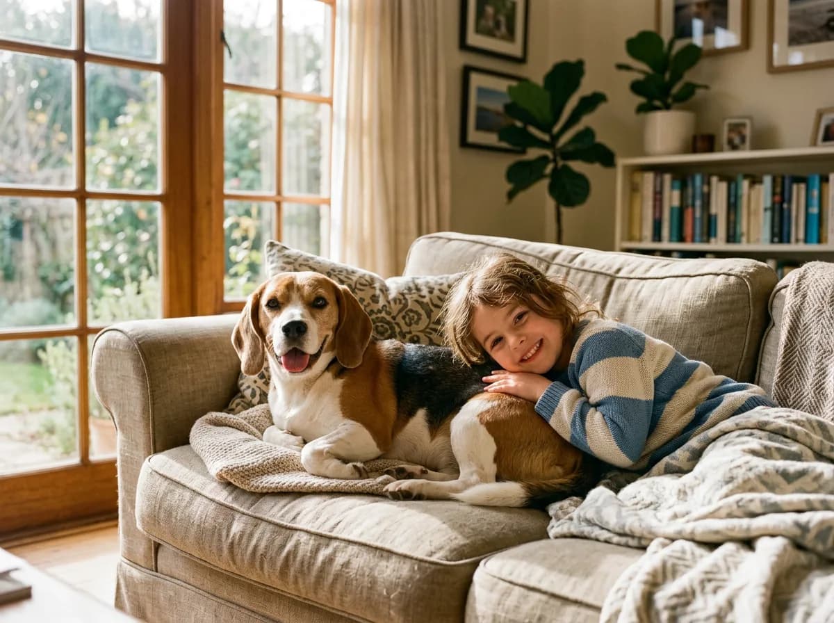 A happy adult beagle lying on a living-room sofa next to a smiling child, both relaxed indoors with warm afternoon light through a window