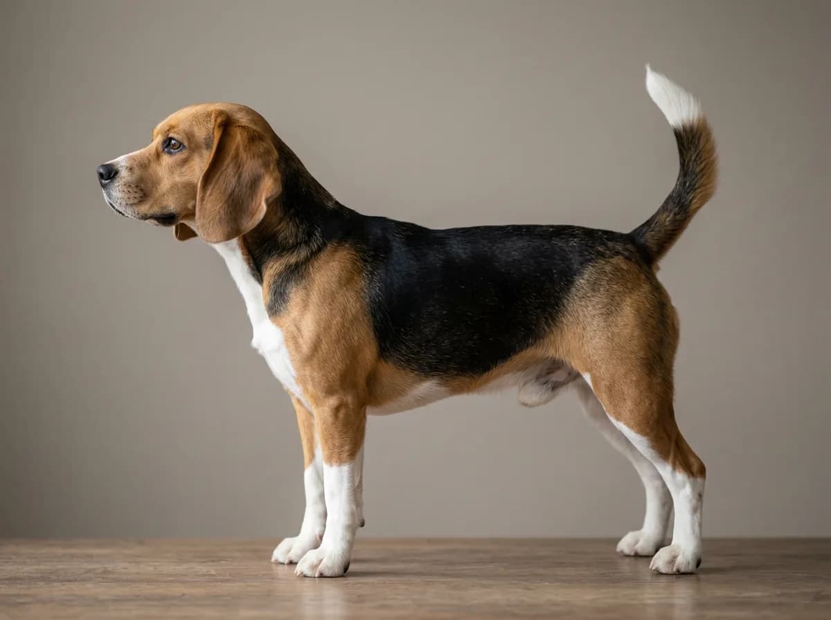 A full-body side profile of a standing adult beagle on a plain studio backdrop, showing the compact muscular build, long low-set ears, and white-tippe