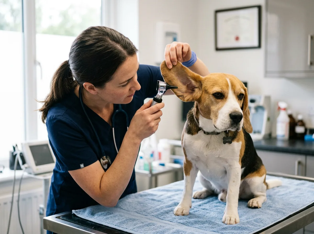 A veterinarian gently lifting and examining the long ear of a calm beagle on an exam table in a bright clinic, close-up on the ear check