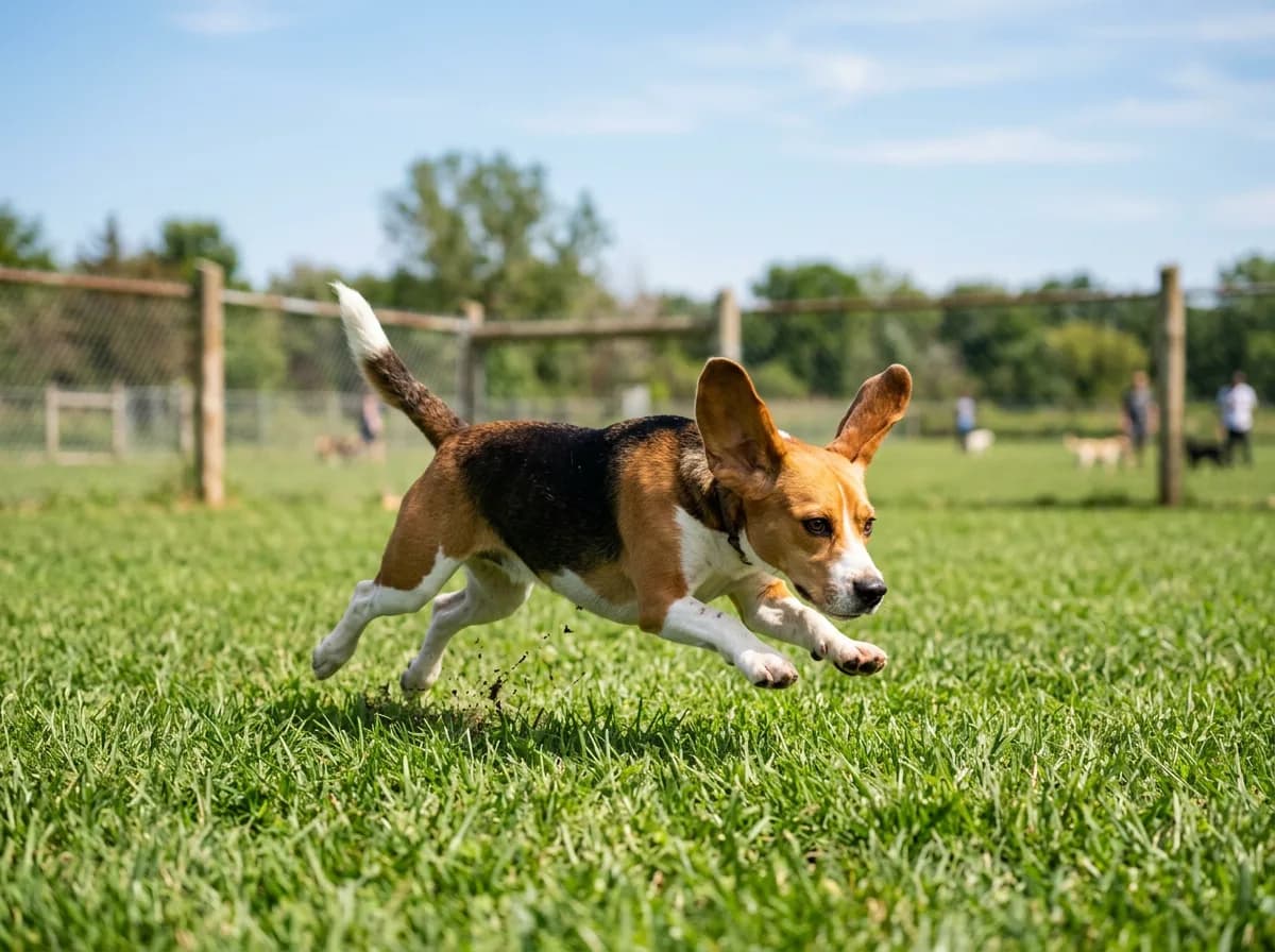 A beagle mid-stride running across an open fenced dog park with ears flying, chasing a scent, bright midday sun and green grass
