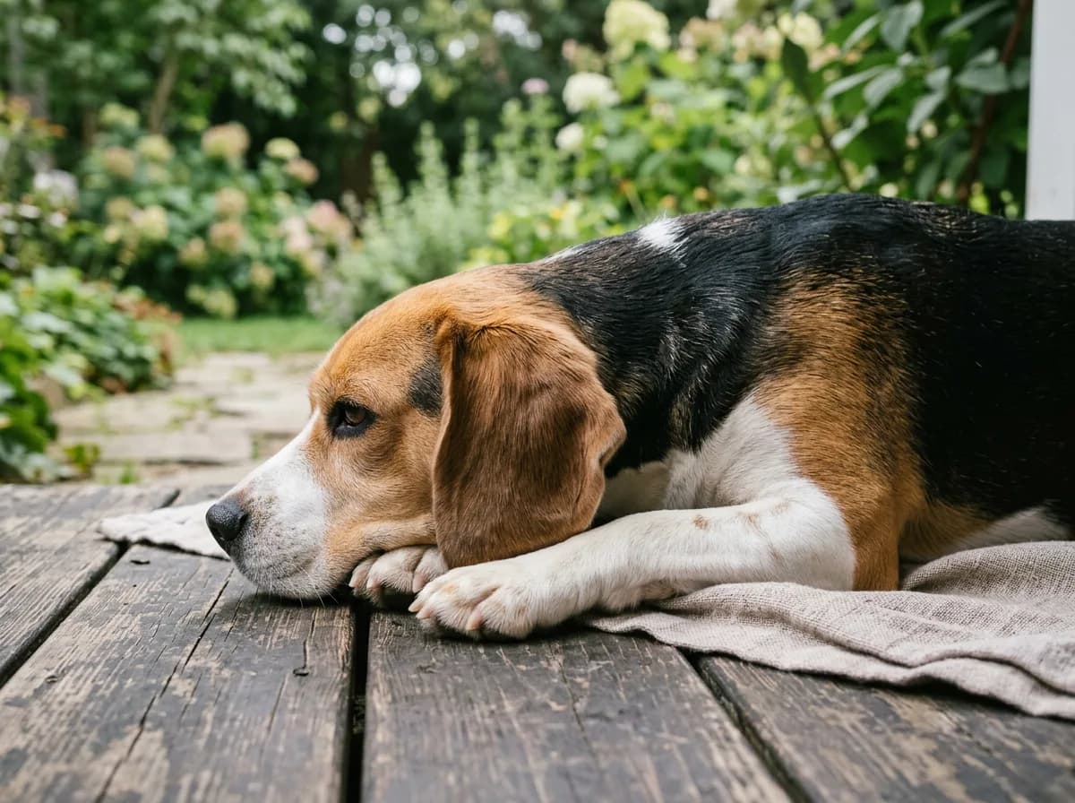 a Beagle with its tricolor coat and long ears