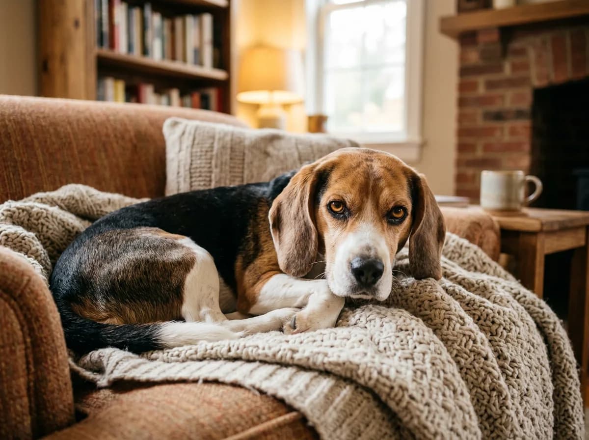 a Beagle with its tricolor coat and long ears