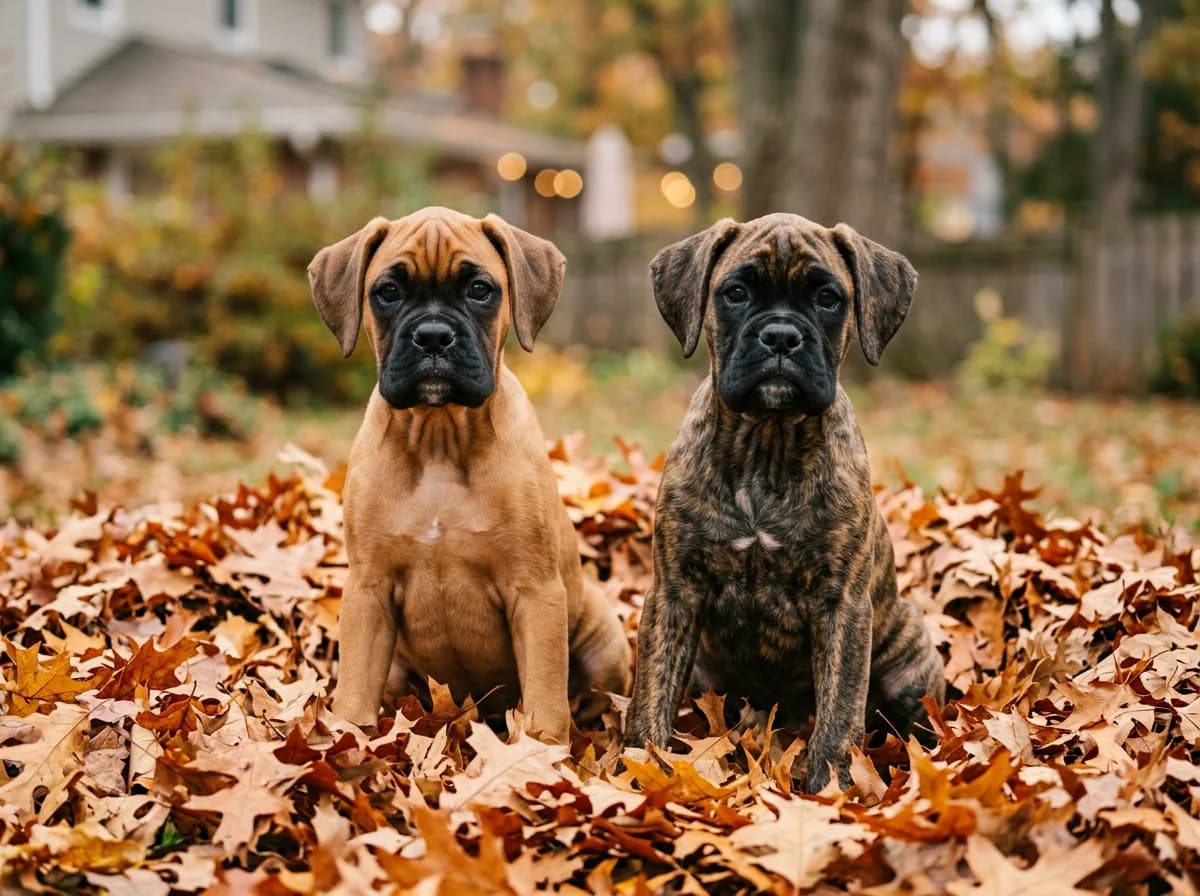 Fawn Boxer puppy and brindle Boxer puppy sitting side by side in autumn leaves, showing the two most common coat colors