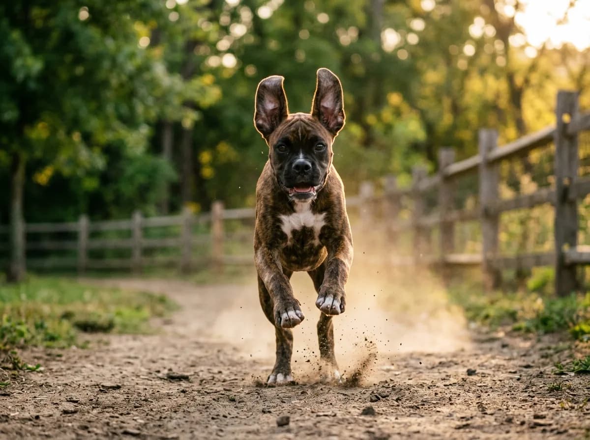 Brindle Boxer puppy sprinting down a fenced dirt trail at golden hour, ears flying mid-stride